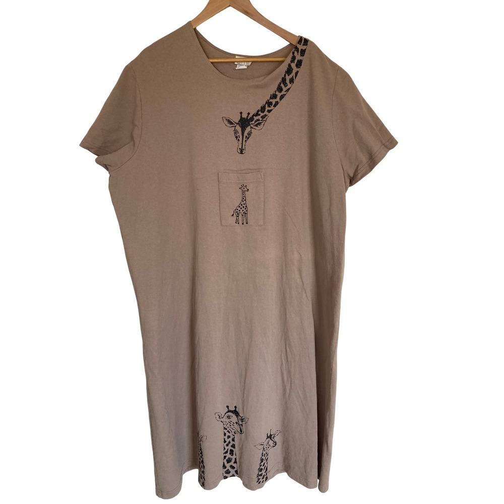 Cite Tan Giraffe Print T-Shirt Dress Short Sleeve Pocket Midi Tan Size 2X USA